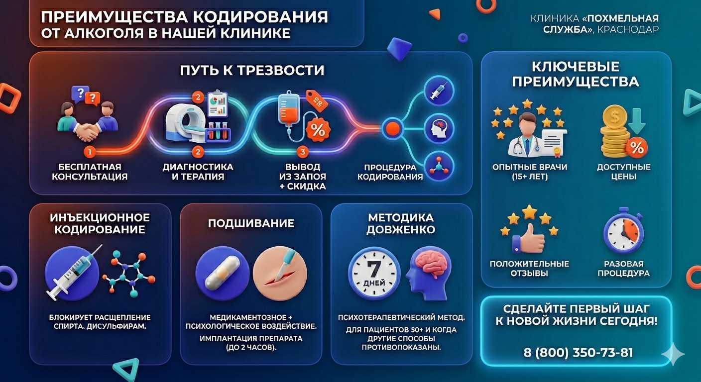 Инфографика о методах кодирования от алкоголя в Ильском: инъекции, подшивание, метод Довженко. Преимущества клиники и этапы лечения.
